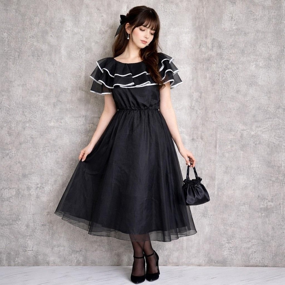 Vintage 80s Joy Stevens Black Organza Ruffle Dress White Trim Midi 10 Cocktail